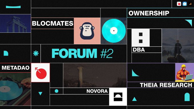 In the image, a graphic displays the name of a live roundtable event called "Ownership Forum #2" happening on June 4th at 2:30 PM UTC with industry leaders participating. The event appears to be sponsored by Blocmates, Novora, and DBA. The logo for the event is displayed in various colors including red, blue, and green. A person can also be seen holding a record or a CD. Another image shows a man sitting at his desk with headphones on, suggesting that music might have been involved during the roundtable discussions.