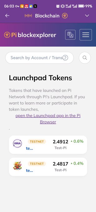 A screenshot of the Pi blockchain explorer's "Launchpad Tokens" page displays two testnet tokens, IRIS and another unnamed token, both showing prices around 2.49 Test-Pi with slight gains of 0.6% and 0.4%, illustrating the recent addition of launchpad tokens to the explorer.