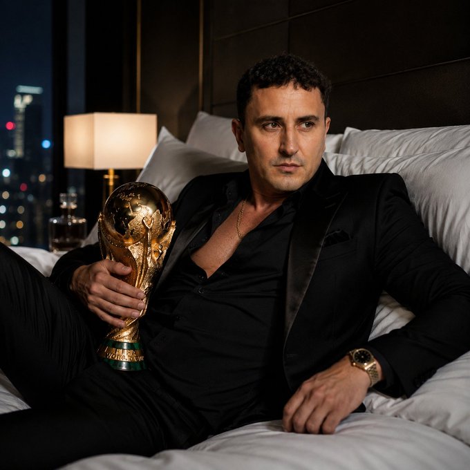 The image features a man sitting on a bed, holding a golden trophy with both hands. The trophy appears to be made of metal or gold material, which suggests that it might be an award for some sort of achievement or competition. The man is dressed in a black suit and tie, giving off an air of sophistication and elegance. In the background, there are two lamps on either side of the bed, providing illumination to the room. The image also contains text that reads "Some of you may not realize that Avalanche is the tech platform that powers the FIFA world cup ticket sales". This could be a reference to the man holding the trophy or an advertisement for a product related to the FIFA event.