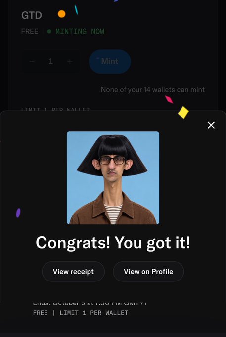 A mobile app screen showing 'Congrats! You got it!' after minting a free GTD NFT, displaying an avatar of a person with a bowl haircut and glasses.