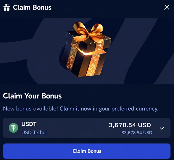 A 'Claim Bonus' screen featuring a gift box illustration, offering a new bonus of 3,678.54 USDT (USD Tether) claimable via a blue 'Claim Bonus' button.