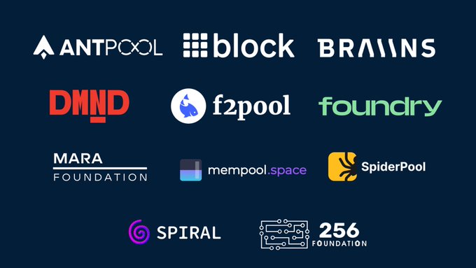 The image displays logos of mining industry companies supporting a neutral protocol initiative, including Antpool, Block, Braiins, DMND, f2pool, Foundry, MARA Foundation, mempool.space, SpiderPool, Spiral, and 256 Foundation. The collection of these major mining pool and infrastructure logos visually reinforces the post's message of broad industry alignment behind a community-governed, public-good protocol.