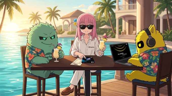 An anime-style scene shows a pink-haired woman in sunglasses and an "Aptos" shirt sitting between a green spiky-haired creature and a yellow cat-like character at a poolside table, where they enjoy tropical drinks and work on a laptop labeled "Decibel"—visually echoing the post's theme of a "blissful background experience" that pairs Visa spending with onchain Aptos trading through Tria.