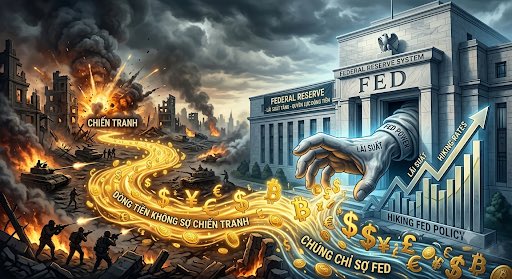 A dramatic illustration contrasts a war-torn, burning landscape on the left with a powerful Federal Reserve building on the right, where a giant hand manipulates economic graphs. Text reads 'CHIẾN TRANH' (War), 'DÒNG TIỀN KHÔNG SỢ CHIẾN TRANH' (Money flow doesn't fear war), 'FEDERAL RESERVE SYSTEM', 'FED', 'CƯỜNG CHỈ SỐ FED' (FED index strength), and 'HIKING FED POLICY'.