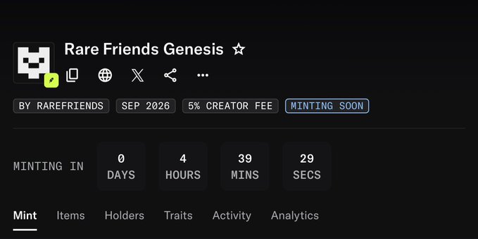 The image shows an NFT minting page for "Rare Friends Genesis" by Rarefriends, with a 5% creator fee, scheduled to mint in September 2026 and labeled "Minting Soon," featuring a countdown timer showing 0 days, 4 hours, 39 minutes, and 29 seconds remaining. This aligns with the post announcing the upcoming free mint of the Rare Friends Genesis collection with a 1024 supply for eligible participants.