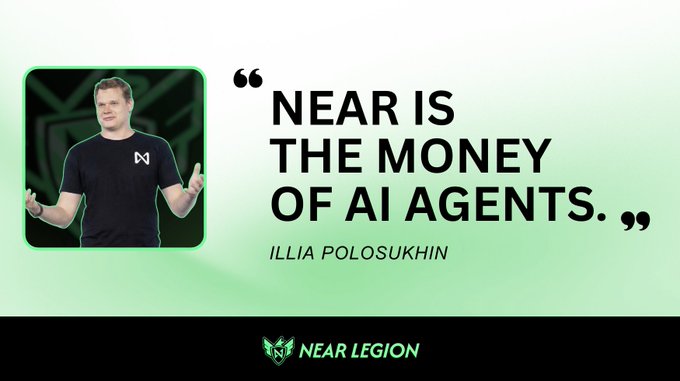 The image features a man wearing a black shirt, standing against a green background with white text that reads "NEAR is the money of AI Agents. Unified Confidential. Scalable to 1M TPS. Quantum Resistant." The man appears to be giving a speech or presentation on the topic of AI agents and their financial value.