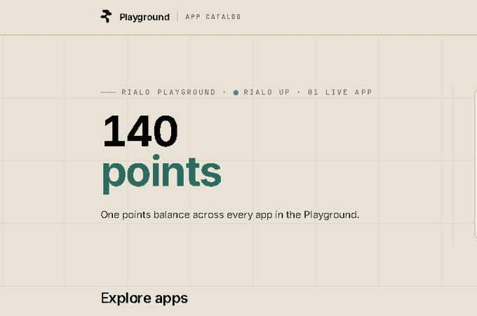 A promotional graphic for the 'Rialo Playground' App Catalog displaying '140 points' as a unified balance across all apps, with the tagline 'One points balance across every app in the Playground.' and an 'Explore apps' call to action.