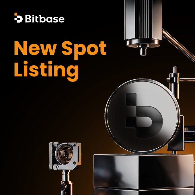 Bitbase announces a new spot listing featuring six trading pairs (CHR/USDT, TNSR/USDT, ORCA/USDT, MBL/USDT, NIL/USDT, and NVDAB/USDT), with the promotional image showcasing the Bitbase logo embossed on a sleek metallic coin alongside industrial machinery, reinforcing the launch's technical precision.