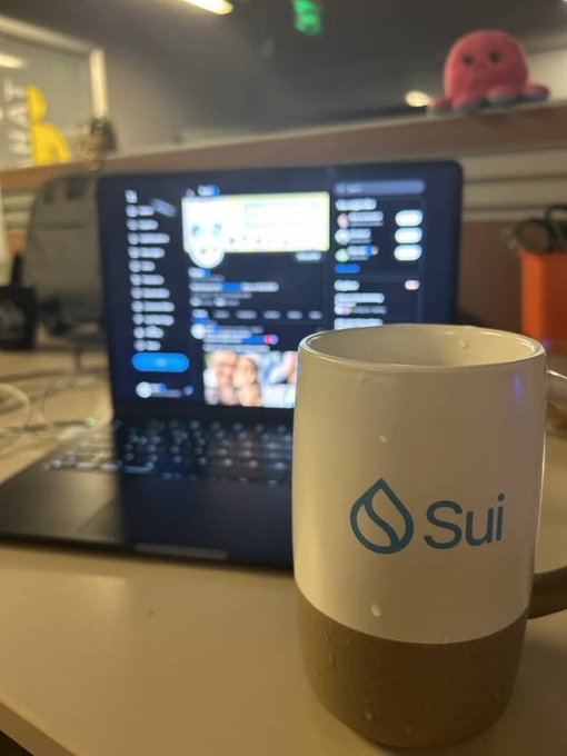 A white ceramic mug with the blue 'Sui' logo sits on a desk in front of an open laptop displaying a dark-themed webpage, with a small pink octopus plush visible on a shelf above.