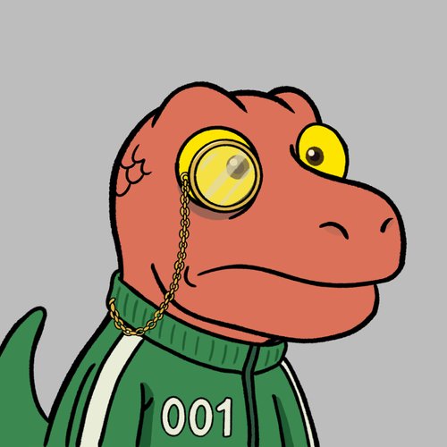 A cartoon illustration of an orange dinosaur-like creature wearing a green tracksuit with "001" printed on it, a gold chain, and a monocle, set against a light blue background.