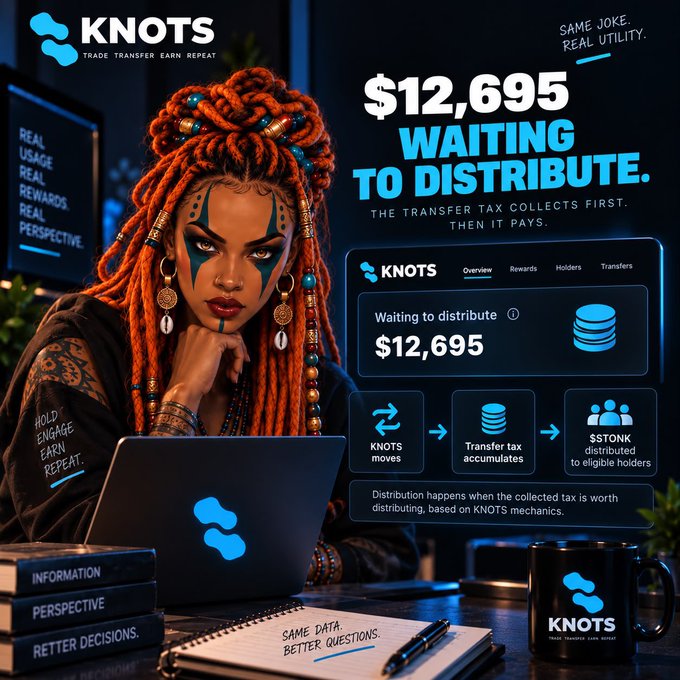 A promotional graphic for the KNOTS crypto project features a woman with ornate orange dreadlocks beside a laptop, highlighting the "$12,695 WAITING TO DISTRIBUTE" figure displayed on a dashboard preview that shows the flow from KNOTS moves to accumulated transfer tax to holders. The image visually reinforces the post's point by illustrating how rewards are pooled and held until the collected tax reaches a meaningful amount before being distributed to $TONK holders.