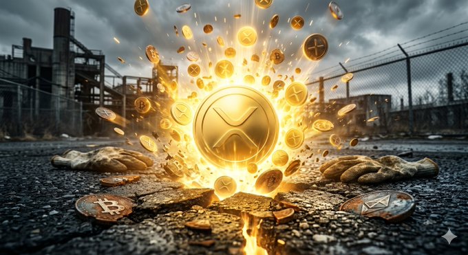 A dramatic digital illustration of a glowing golden XRP coin erupting from cracked pavement, surrounded by flying gold and Bitcoin coins, set against a bleak industrial background with a chain-link fence.