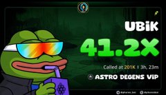 A stylized illustration of a frog wearing sunglasses and smoking while holding a drink, with text showing "UBIK 41.2X" and "ASTRO DEGENS VIP" alongside a timestamp of "Called at 20:11k 1 3h, 23m," highlighting the impressive 41.2x gain referenced in the post's claim of making +33 SOL ($3,100) on $UBIK.