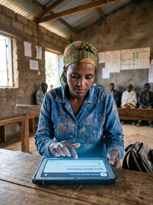 A woman wearing a green headscarf and denim shirt uses a tablet labeled 'Secure Identity Verification' in a rural community building while others observe.