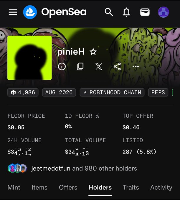 The image shows an OpenSea NFT collection page for "pinieH" on the Robinhood Chain, featuring a floor price of $0.85 and 981 total holders (including jeetmedotfun). The post references the floor price ("FP") holding steady, which aligns with the displayed 0% 1D floor price change, suggesting stability in the collection's valuation.