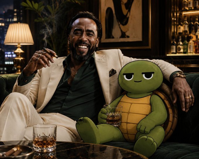 The post mentions "Satoshi's vision."

A well-dressed man in a cream suit sits on a couch smiling broadly while holding a cigar and a glass of whiskey, posed next to a green plush turtle mascot. The image relates to the caption "Satoshi's vision" by depicting a whimsical scene where the man appears to be relaxing confidently with the turtle, which could symbolize the laid-back, forward-thinking spirit associated with Satoshi Nakamoto's cryptocurrency vision.
