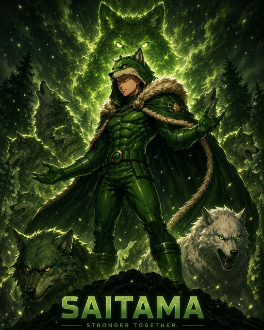 The image features a stylized anime-style character dressed in a green wolf-themed outfit and hooded cloak, standing atop a rock with a pack of fierce wolves, including a massive spectral wolf looming behind him, all set against a glowing green forest backdrop. The bold text at the bottom reads "SAITAMA — STRONGER TOGETHER," symbolizing unity and strength, which ties into the post about the $SAITAMA Wolfpack community rallying together with a 50X DEX Screener boost powered by both project fees and personal contributions from members.