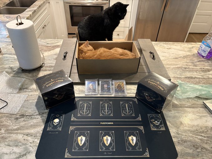 Two cats curiously investigate an unboxing of "Fuzzycards" merchandise on a kitchen counter, featuring a "Fuzzycards" playmat, two Fuzzy Card booster boxes, and promotional cards including Brad Garlinghouse, David Schwartz, and the "Fuzzy OG."