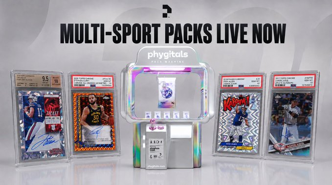 The promotional image features the text "MULTI-SPORT PACKS LIVE NOW" above a Phygitals repack machine flanked by four graded sports cards, including a 9.5-rated football card, a basketball card, a 2024 baseball card, and another graded card. The display showcases the variety of multi-sport packs mentioned in the post, highlighting sports like football, basketball, and baseball.