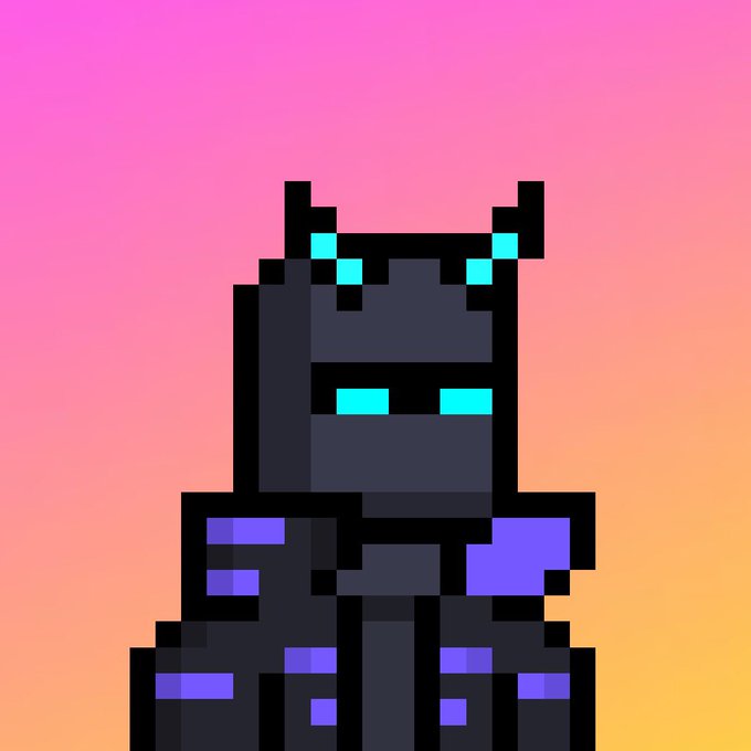 A pixel art character with glowing cyan eyes and purple accents on a pink and orange gradient background.