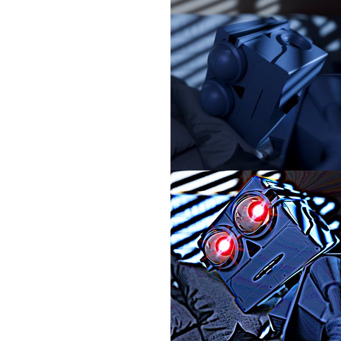 A split image showing a futuristic dark mechanical device with two circular lenses, with the bottom panel showing the same device with red glowing lights activated.