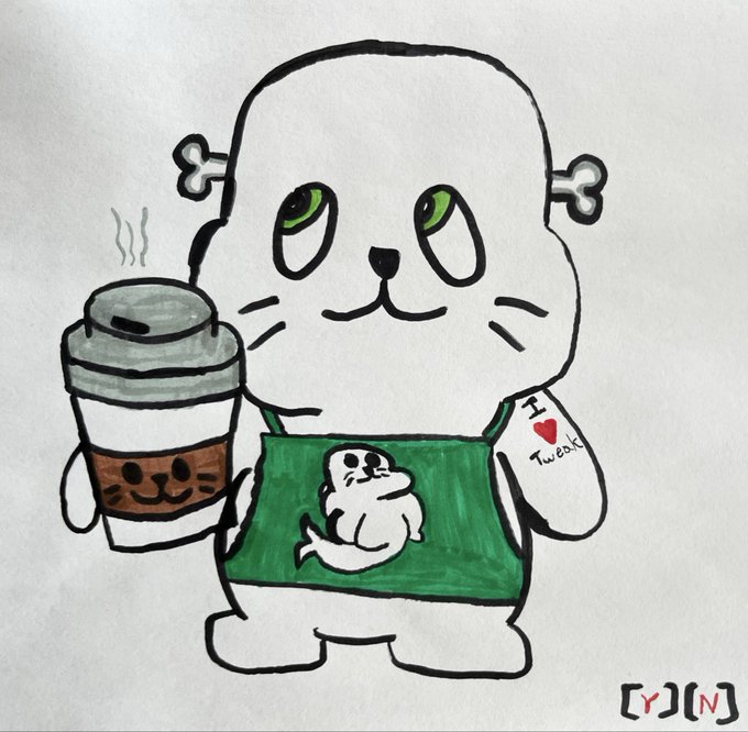 A hand-drawn cartoon depicts a cute white cat-like creature with green eyes holding a steaming coffee cup and a green t-shirt, featuring a small tattoo that says 'I ❤️ Twerk' and a signature '[Y][N]'.