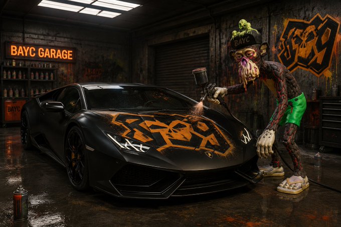 A dark, stylized digital art scene titled 'BAYC GARAGE' showing a Lamborghini being spray-painted by a zombie-like mutant ape character wearing a BAYC cap and green shorts.