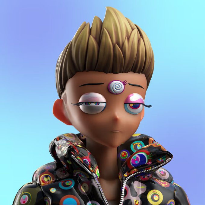 A 3D-rendered character with spiky blonde hair, colorful swirly eye makeup, and a black puffer jacket with circular patterns stares forward against a blue gradient background.