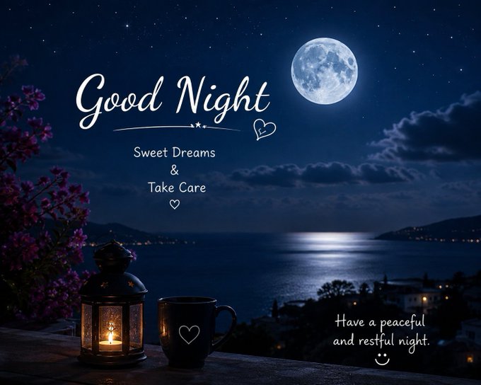 A "Good Night" greeting card features a lantern, coffee cup, and moonlit seascape with text reading "Sweet Dreams & Take Care" and "Have a peaceful and restful night."