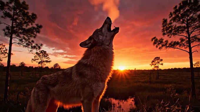 A wolf howls against a fiery orange sunset in a marshy landscape, its silhouette backlit by the setting sun. The image evokes the WolfSwap brand referenced in the post, suggesting a quiet, confident presence—like the DeFi project itself, which lets its smooth, well-built app speak for itself without needing to constantly promote its features.
