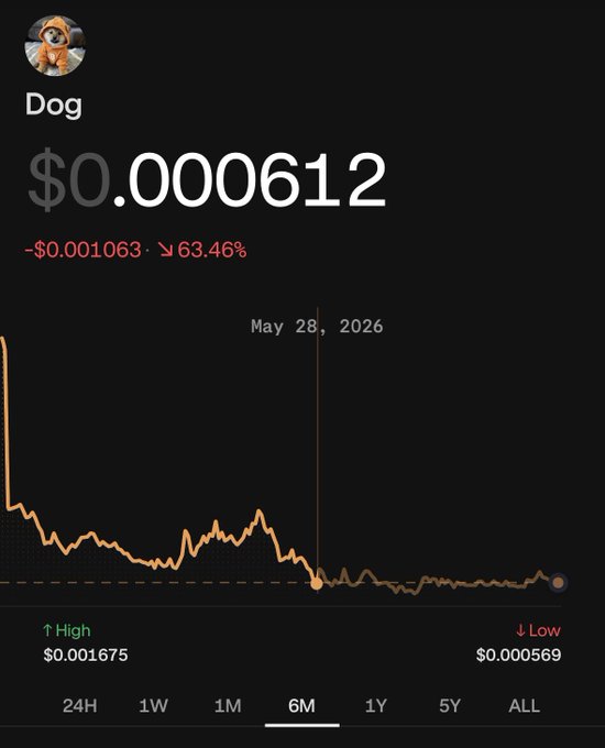 A cryptocurrency price chart showing 'Dog' coin at $0.000612, down $0.001063 (63.46%), with a 6-month timeframe selected, high of $0.001675 and low of $0.000569.
