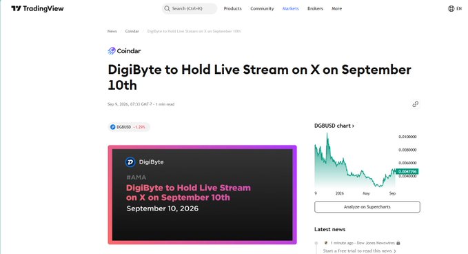 A TradingView news article titled 'DigiByte to Hold Live Stream on X on September 10th' featuring a DGBUSD price chart.