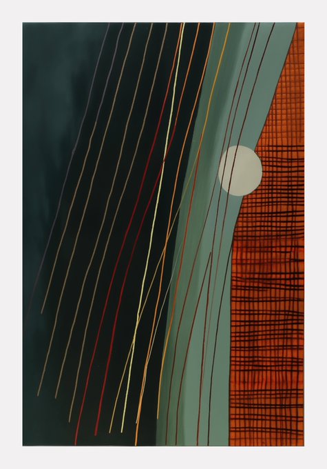 An abstract painting featuring a dark green background on the left with vertical, colorful lines resembling falling rain or streaks of light, transitioning to a textured, grid-like orange-red surface on the right, where a solid cream-colored circle, like a moon, is partially visible.