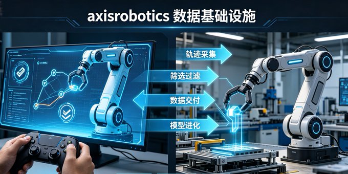 A promotional graphic for 'axisrobotics 数据基础设施' showing robotic arms with a data flow diagram featuring labels like '轨迹采集', '筛选过滤', '数据交付', and '模型进化'.