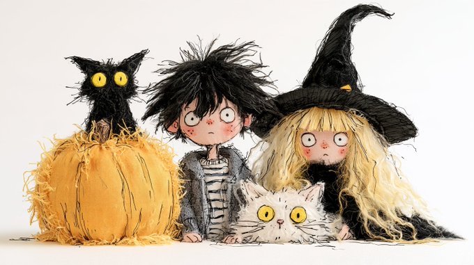 An illustration of three whimsical Halloween-themed characters: a black cat on a jack-o'-lantern, a child with messy black hair, and a witch with a black cat.
