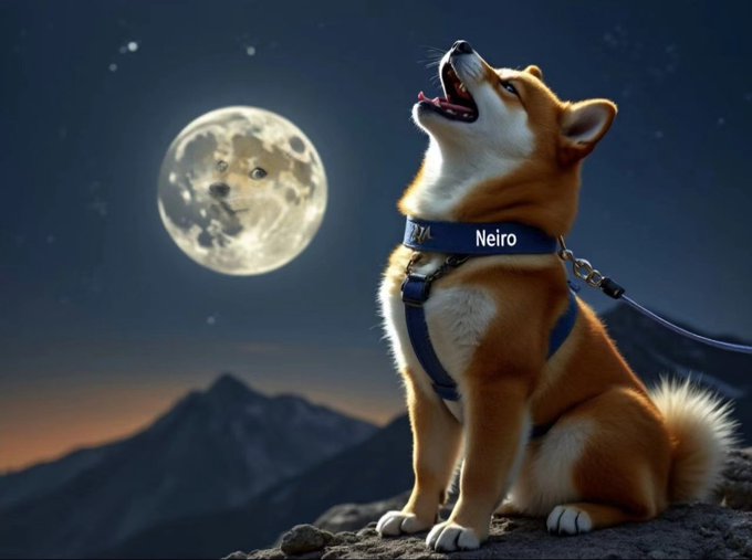 An AI-generated image of a Shiba Inu dog wearing a blue harness with the name 'Neiro' howling at a full moon, with another dog's face visible within the moon itself, set against a mountainous night landscape.
