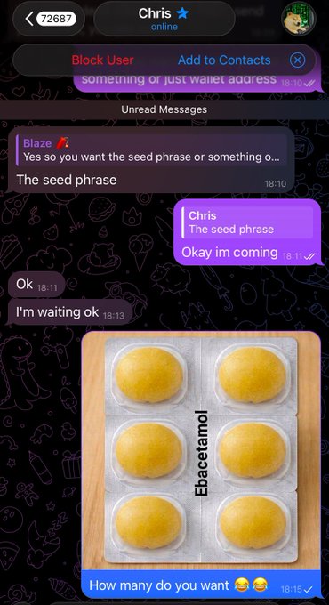A Telegram chat screenshot with user 'Chris' discussing a seed phrase for a crypto wallet, followed by an image of a blister pack of yellow Ebacetamol tablets with the message 'How many do you want.'