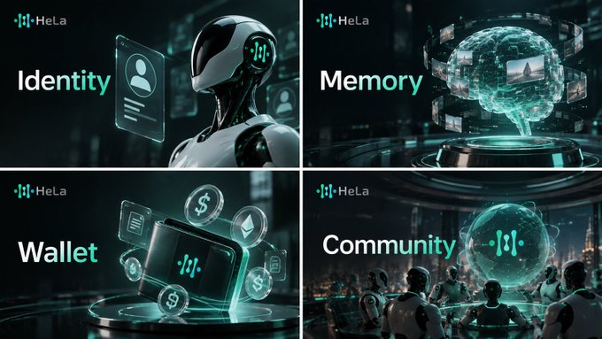 A four-panel promotional graphic for 'HeLa' featuring a robot and digital elements for 'Memory', a brain hologram, a wallet with currency icons, and a crowd labeled 'Community'.