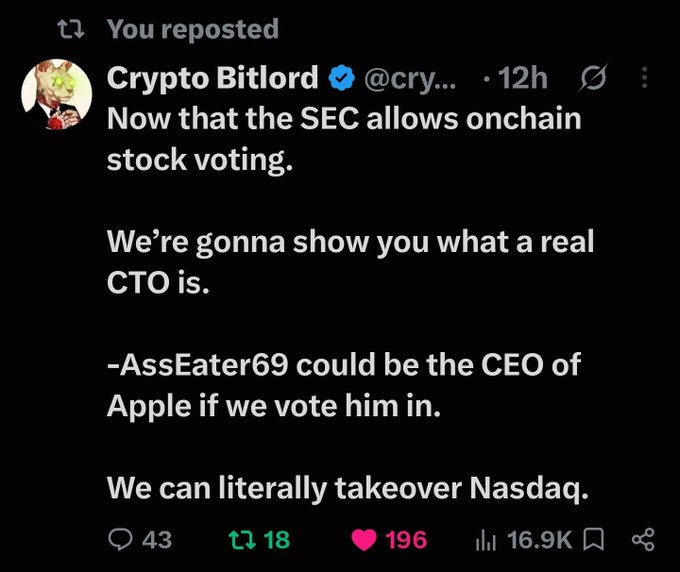 The image shows a reposted tweet from Crypto Bitlord (@cryp...) posted 12 hours ago, which states: "Now that the SEC allows onchain stock voting. We're gonna show you what a real CTO is. -AssEater69 could be the CEO of Apple if we vote him in. We can literally takeover Nasdaq." The tweet has 43 replies, 18 reposts, 196 likes, and 16.9K views. This relates to the accompanying post's point about how meme coin holders could potentially execute hostile takeovers of major companies like Apple through onchain voting, creating a "Roaring Kitty type aura" around the meme involved.