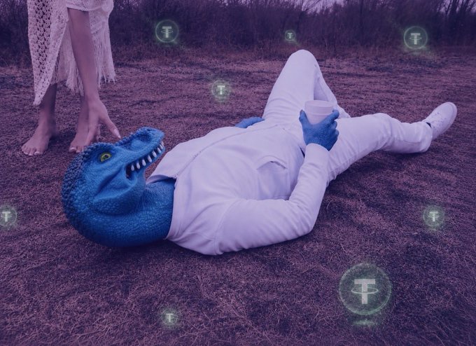 A person in a white outfit and blue dinosaur mask lies on purple-tinted grass holding a cup, while another barefoot person in a knit dress stands nearby; Tether cryptocurrency logos float throughout the surreal scene.