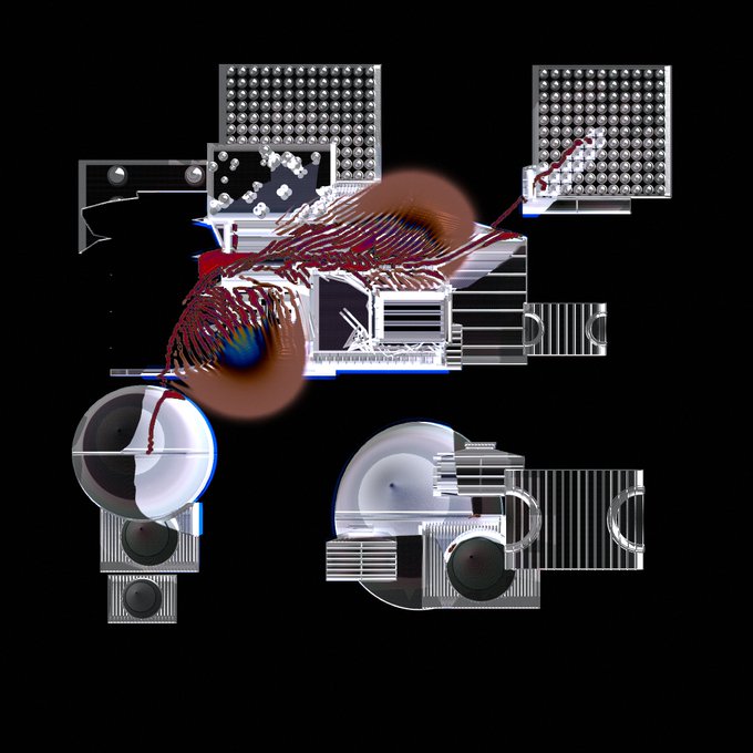 An abstract digital artwork on a black background, featuring geometric shapes, metallic-looking circular elements, grids of dots, and a central swirling red and brown form.