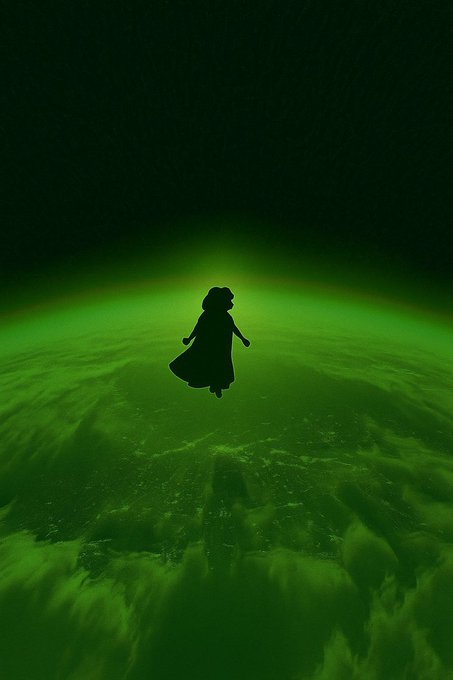 A silhouette of a girl in a dress floats against a glowing green planet with clouds visible below and a starry black sky above.