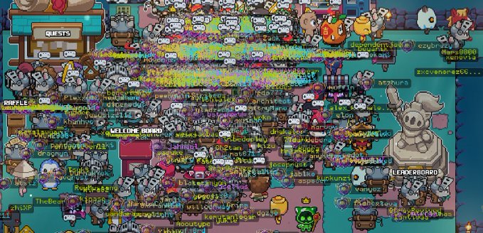 A chaotic, crowded screenshot of a 2D online game lobby with many avatar characters, text bubbles, and visible UI elements like 'QUESTS', 'WELCOME BOARD', and 'LEADER BOARD'.