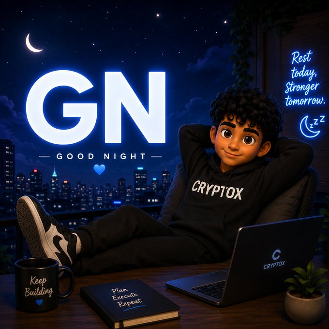 A digital illustration of a young boy in a black 'CRYPTOX' hoodie sitting back with his hands behind his head in front of a nighttime city skyline. Large glowing text reads 'GN — GOOD NIGHT —' next to neon signs saying 'Rest today, Stronger tomorrow.' with a 'Zzz' moon. A notebook on the desk says 'Plan Execute Repeat'.