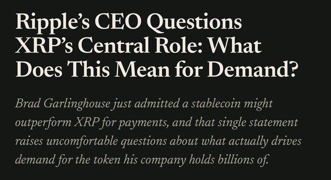 A headline graphic on a black background reading 'Ripple's CEO Questions XRP's Central Role: What Does This Mean for Demand?' with a subtitle noting Brad Garlinghouse's comments about stablecoins potentially outperforming XRP.