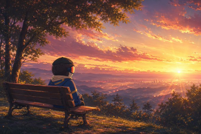 An anime-style illustration of a person wearing headphones, sitting on a bench and looking out at a vibrant sunset over a city landscape.