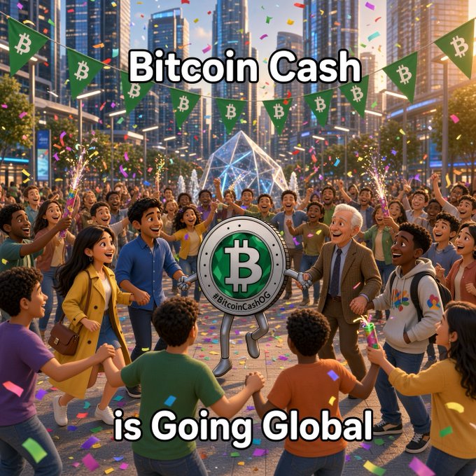 An AI-generated cartoon-style image showing a celebration with crowds, Bitcoin Cash logos on pennants, and text reading 'Bitcoin Cash is Going Global'.