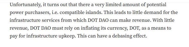 The image shows a paragraph of text discussing the limited demand for DOT DAO's infrastructure services, noting that reliance on inflating the DOT currency for upkeep could have a debasing effect. 

The caption relates to the post's criticism of Gavin Wood by highlighting concerns about Polkadot's (DOT) tokenomics, specifically the risk of currency inflation/debasement, which aligns with the post's suggestion that Wood may be profiting at holders' expense.