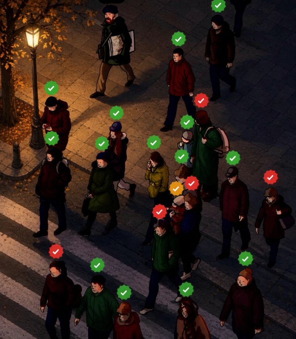 An isometric digital illustration of a crowded nighttime crosswalk with pedestrians marked by green checkmarks, red X marks, and a yellow exclamation point above their heads.