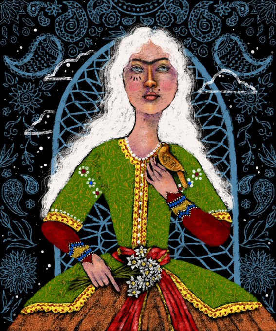 An illustration of a woman with long white hair in a green medieval-style dress holding a bird and flowers, set against a dark patterned background.